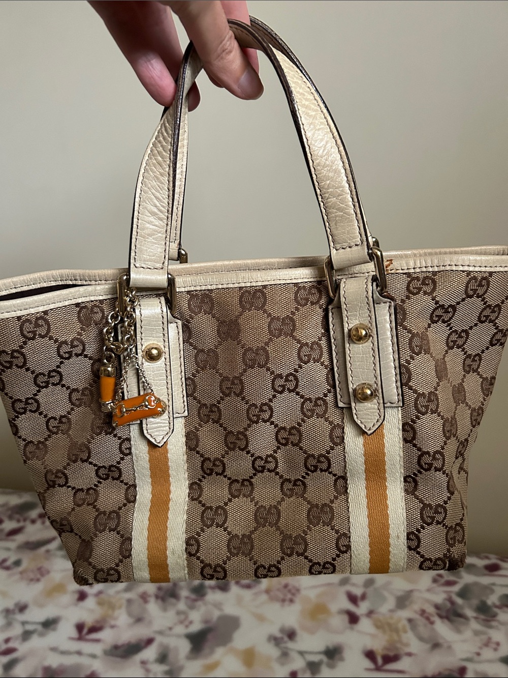 Gucci Beige & Brown GG Canvas Tote with Orange Stripe